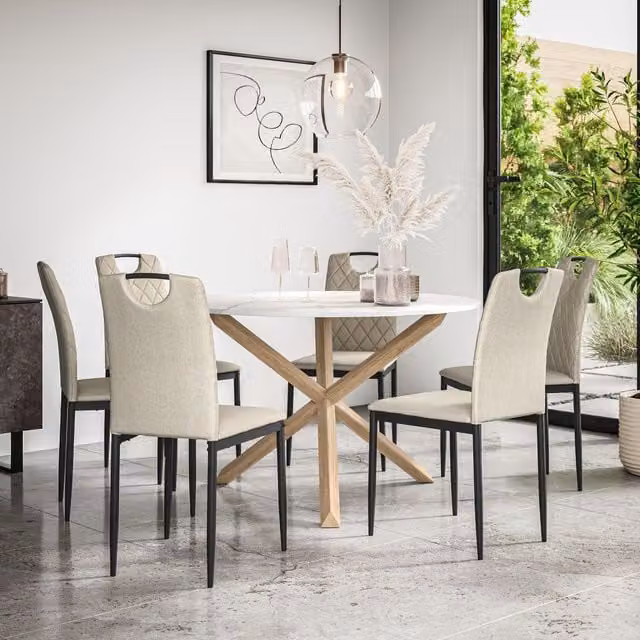 More4Homes Malvern Round Dining Table and 6 Monza Fabric Chairs Set, Marble Top with Solid Oak Legs, Beige and White – 1