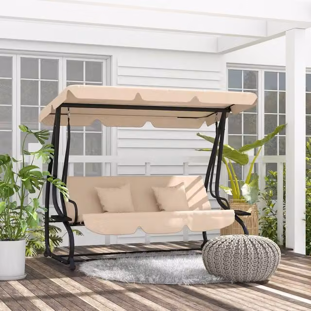 OUTSUNNY 2-in-1 Garden Swing Chair for 3 Adults with Sun Canopy and Cushions, Brown and Beige
