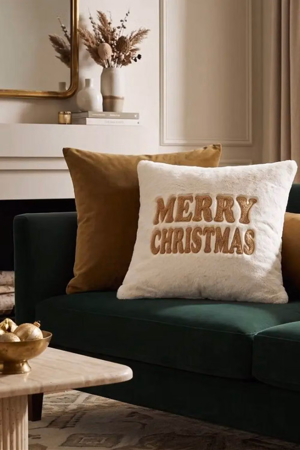 Homescapes Festive Faux Fur Square Cushion in Cream and Beige with Christmas Embroidery – 3