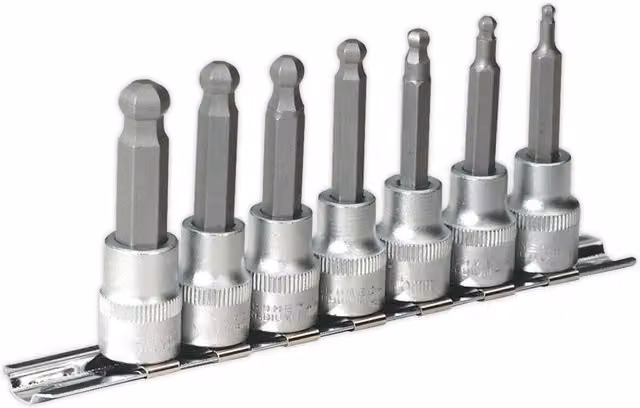 Loops 7-Piece Ball-End Hex Socket Bit Set, 3/8 inch Square Drive, Silver Chrome Vanadium Steel