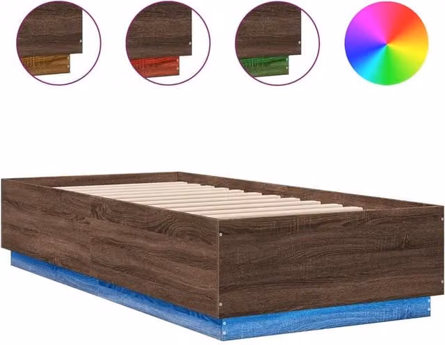 Berkfield Home Modern Bed Frame in Brown Oak with LED Under-Bed Lighting and USB Charging Port, W/D/H: 90 x 200 cm