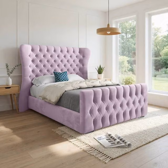 Casani Reydon Upholstered Velvet Designer Bed Frame in Pink, W/D/H: 144 x 137 x 200 cm