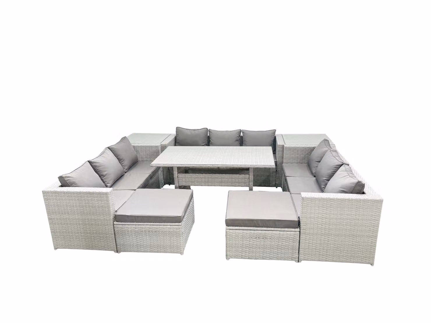 Fimous 11 Seater Rattan Garden Furniture Set with Rectangular Dining Table, 2 Big Footstools and 2 Side Tables in Light Grey – 2