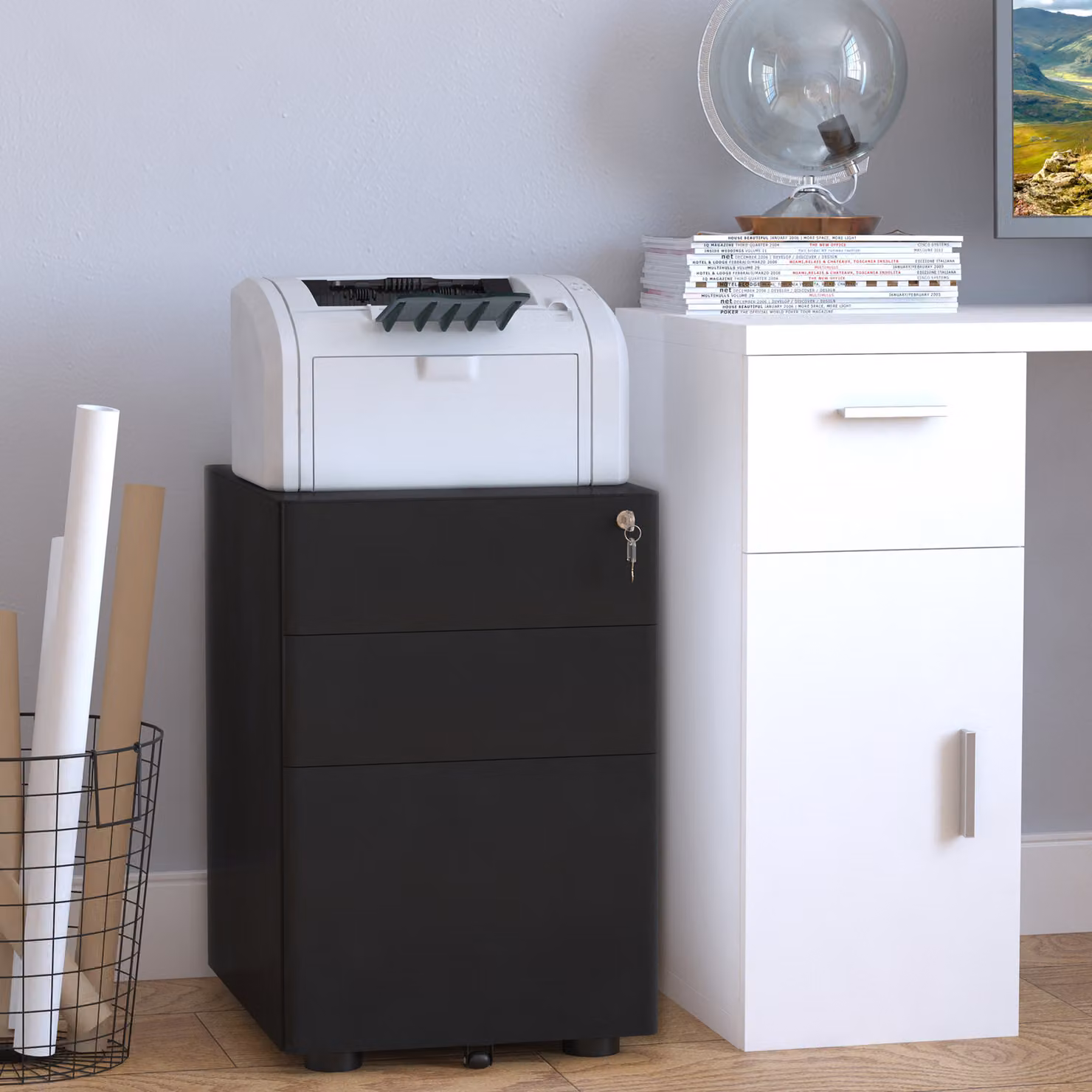 Vinsetto 3-Drawer Small Steel Filing Cabinet with Lock and Wheels, Black – 2