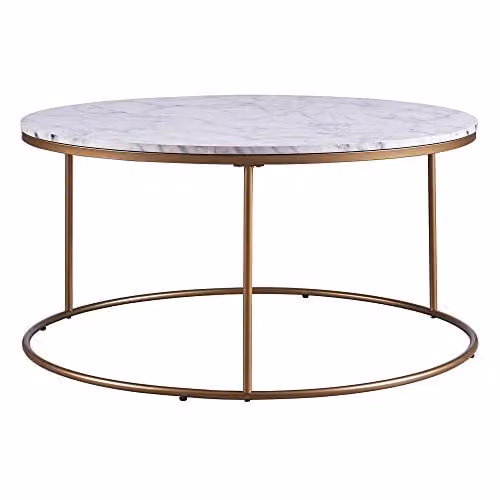 Teamson Home Marmo Large Round Marble Coffee Table and Side Table, White, Grey and Gold, W/D/H: 91.4 x 91.4 x 45.7 cm