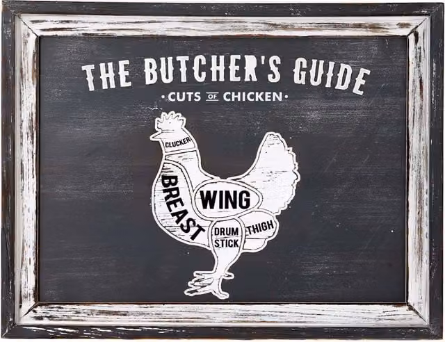 KDMD Round Rustic Wood Butchers Cuts Chicken Wall Plaque in White and Black, Diameter: 30.48 cm