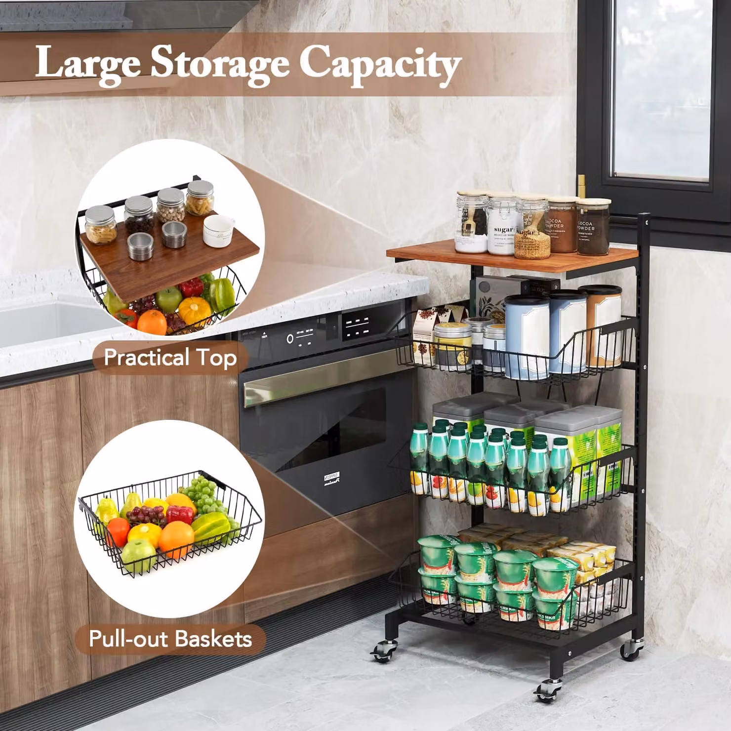 Costway Black Kitchen Storage Cart on Wheels with Adjustable Shelves – 4