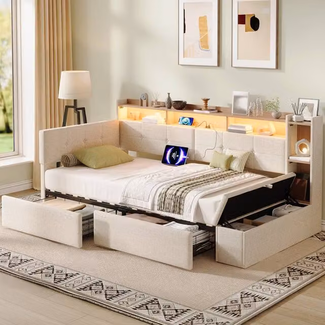 Merax Single Corner Daybed with Ottoman, LED Lighting and USB Charging Station, Beige, W/D/H: 90 x 190 x 220 cm – 1