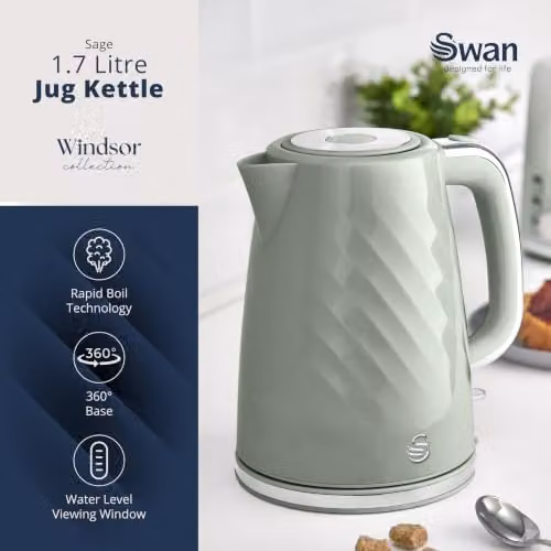 Swan Windsor 1.7L Rapid Boil Kettle with Auto Shut-Off, 3kW, Sage Green – 2