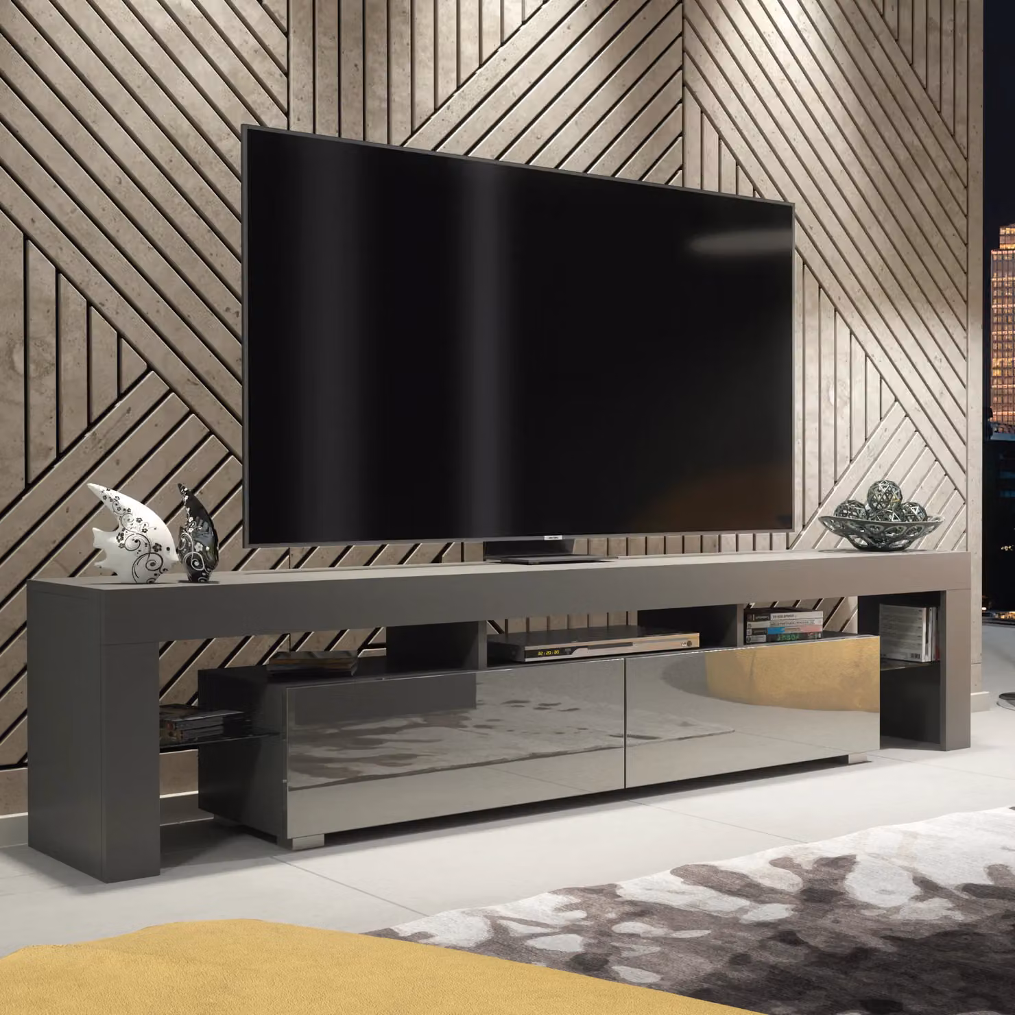 Creative Furniture Modern TV Unit in Dark Grey with High Gloss Doors, W: 200 cm, D: 45 cm, H: 35 cm – 4
