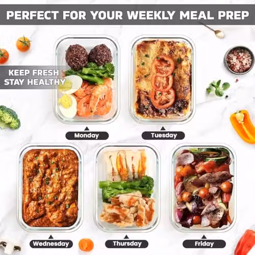 MantraRaj 5 Pack Airtight and Leakproof Glass Meal Prep Containers with Lids, 380ml, Blue and Transparent – 5