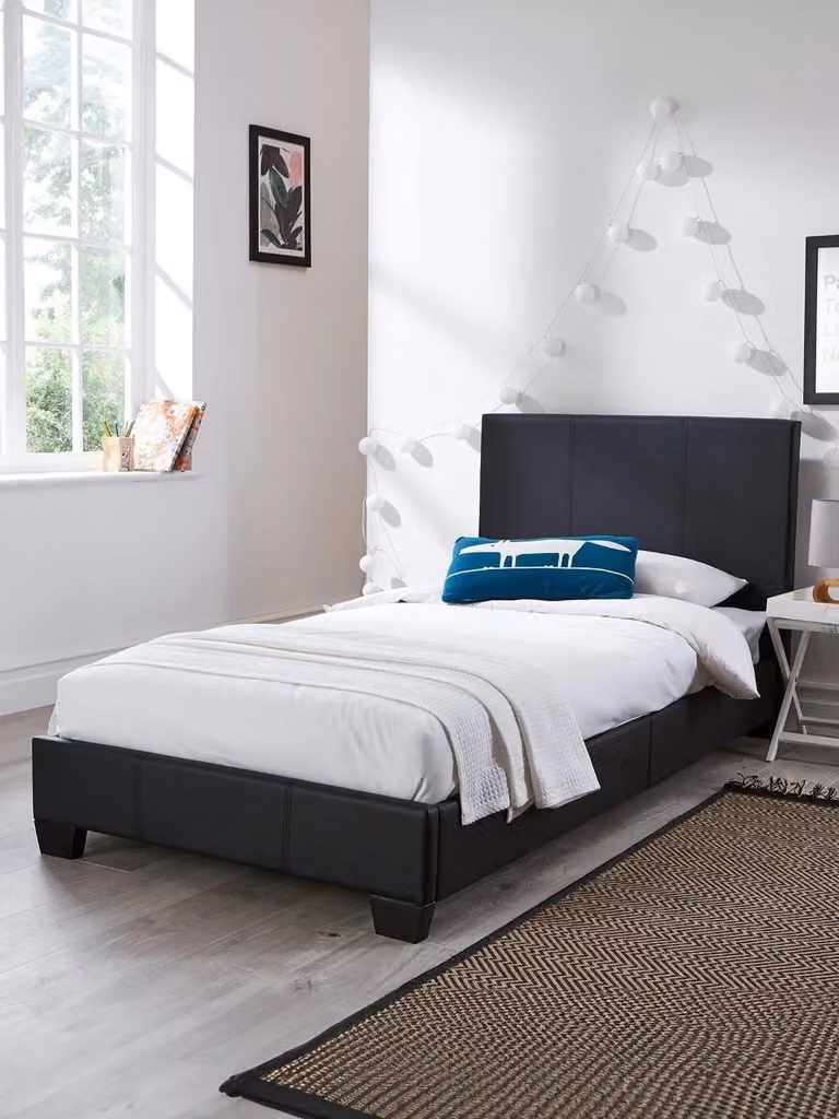 Ellis Upholstered Faux Leather Single Bed Frame in Black, W/D/H: 100 x 200 x 91 cm