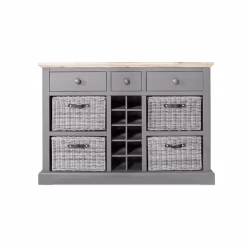 Statement Furniture Florence Sideboard in Dove Grey with Acacia Wood Top, 3 Drawers, 4 Storage Baskets and Wine Rack, W: 120 cm, H: 85 cm, D: 42 cm – 2