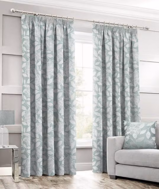 Intimates Luxury Leaf Jacquard Floral Curtain Pair in Petrol Blue, Thermal Insulating, W: 182.88 cm, H: 228.6 cm