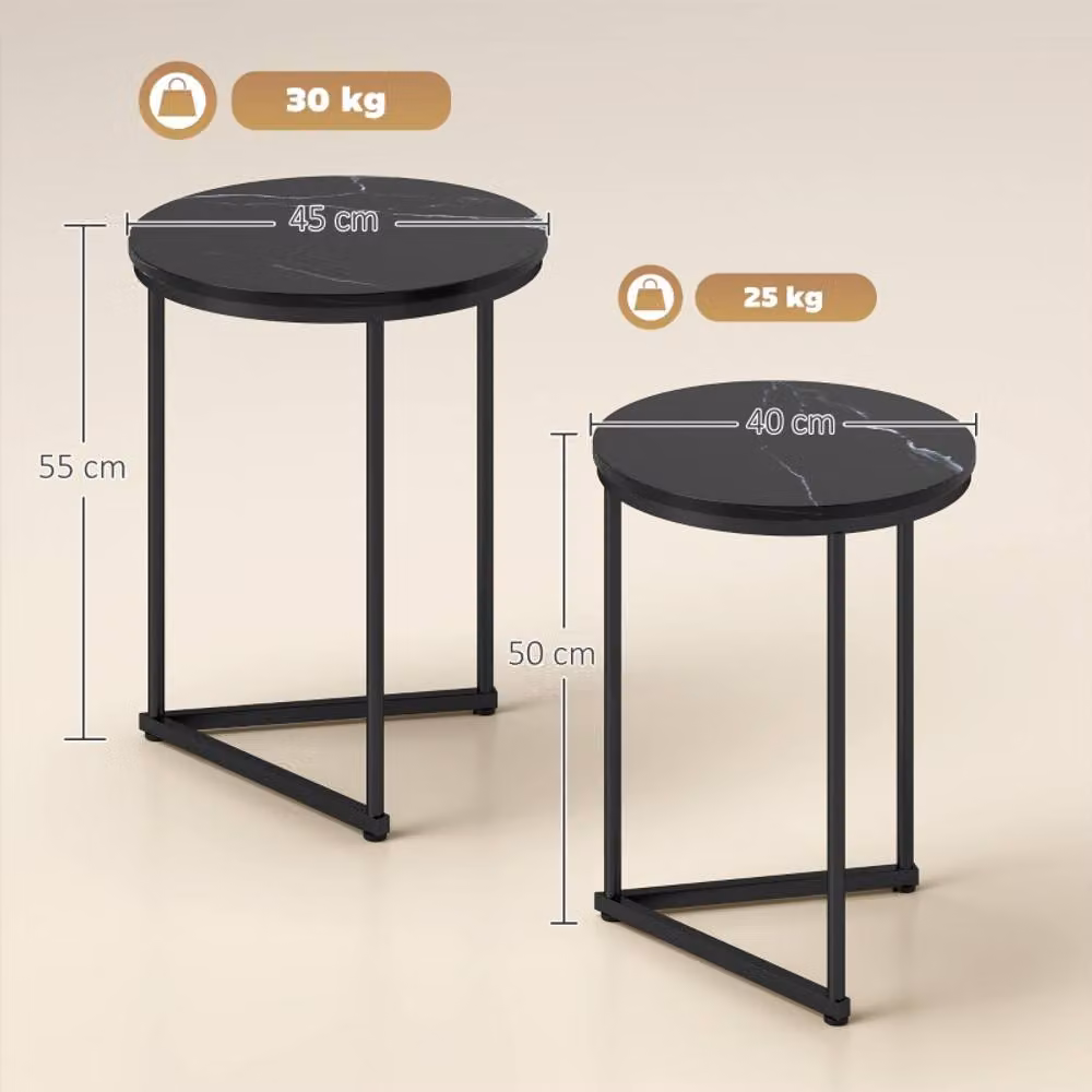 STILVORA Set of 2 Modern Round Nesting Tables with Black Marble-Effect Tops – 2