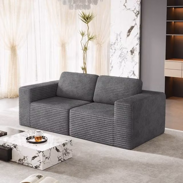 Dprodo Grey Corduroy Modular Loveseat Sofa with Matching Ottoman and Removable Covers, W: 202 cm, D: 101 cm, H: 82 cm