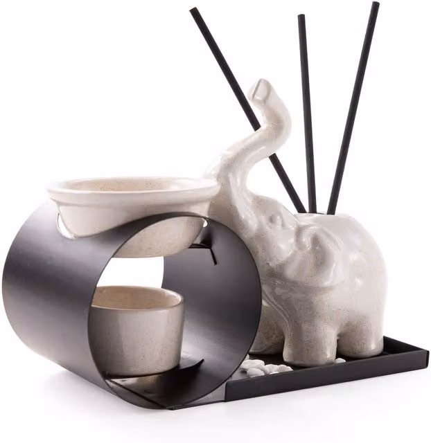 Myga Elephant Ceramic Oil Burner and Incense Holder in Grey and White