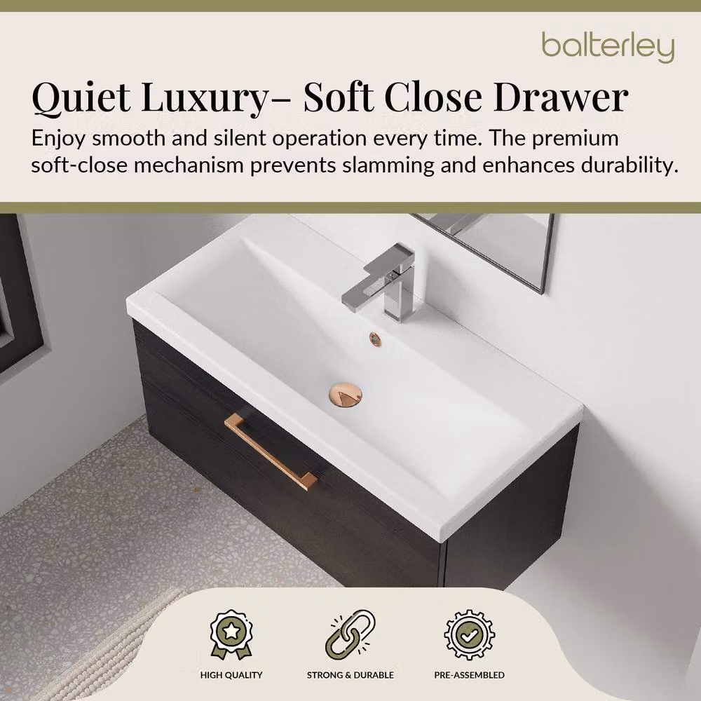 Balterley 800mm Wall Hung 1 Drawer Vanity Unit in Woodgrain Black with Black Copper Handle – 3