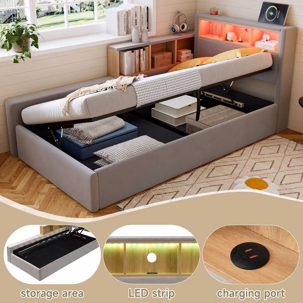 Merax Grey Velvet L-Shaped Single Daybed with LED Lighting, USB Charging Port and Storage, W/D/H: 190 x 90 x 150 cm – 4