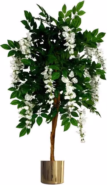 Leaf 130cm Luxury Artificial Wisteria Tree with White Flowers and Gold Planter in Green – 1