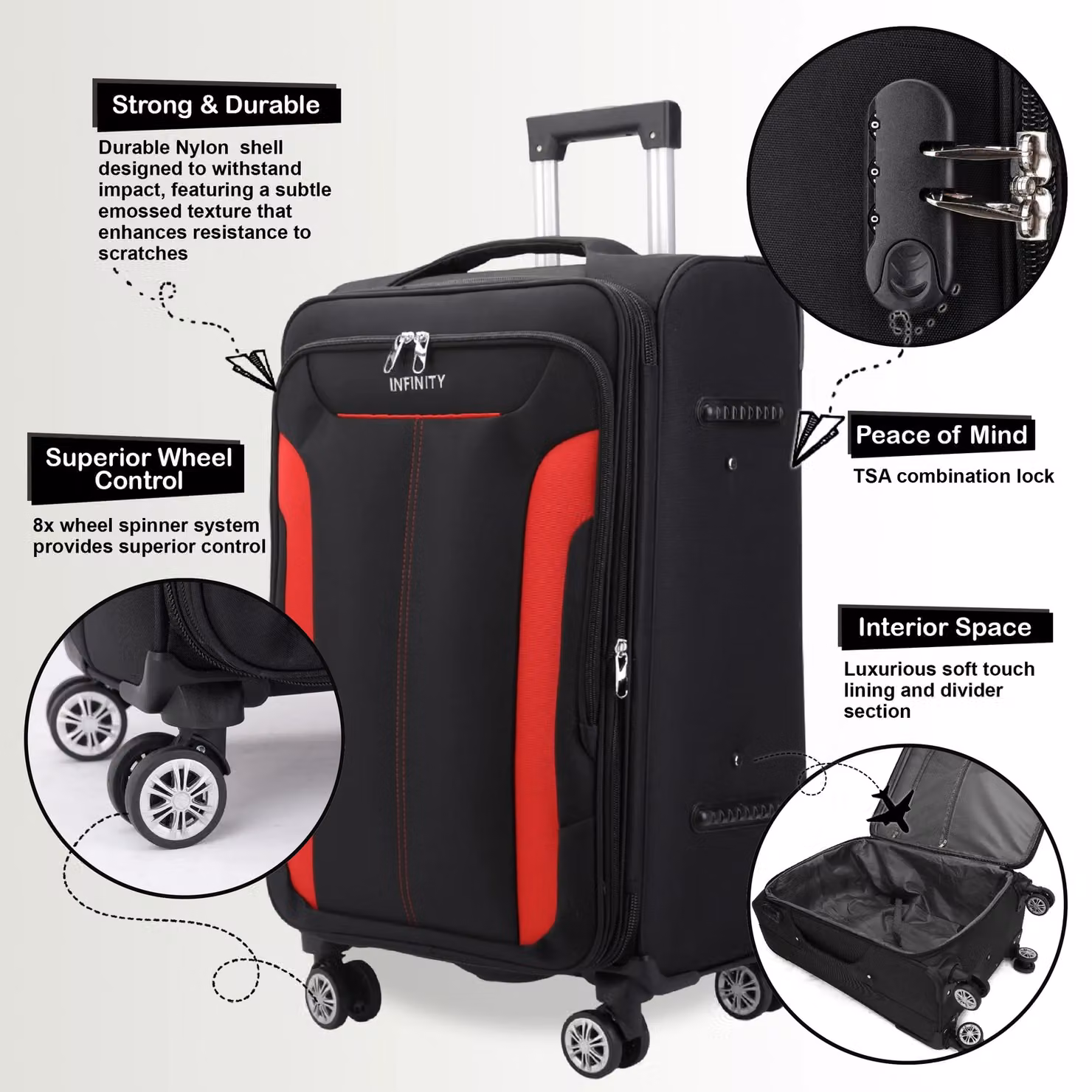 Infinity Leather Expandable Soft Shell Suitcase and Carry On Cabin Bag Set, Black – 3