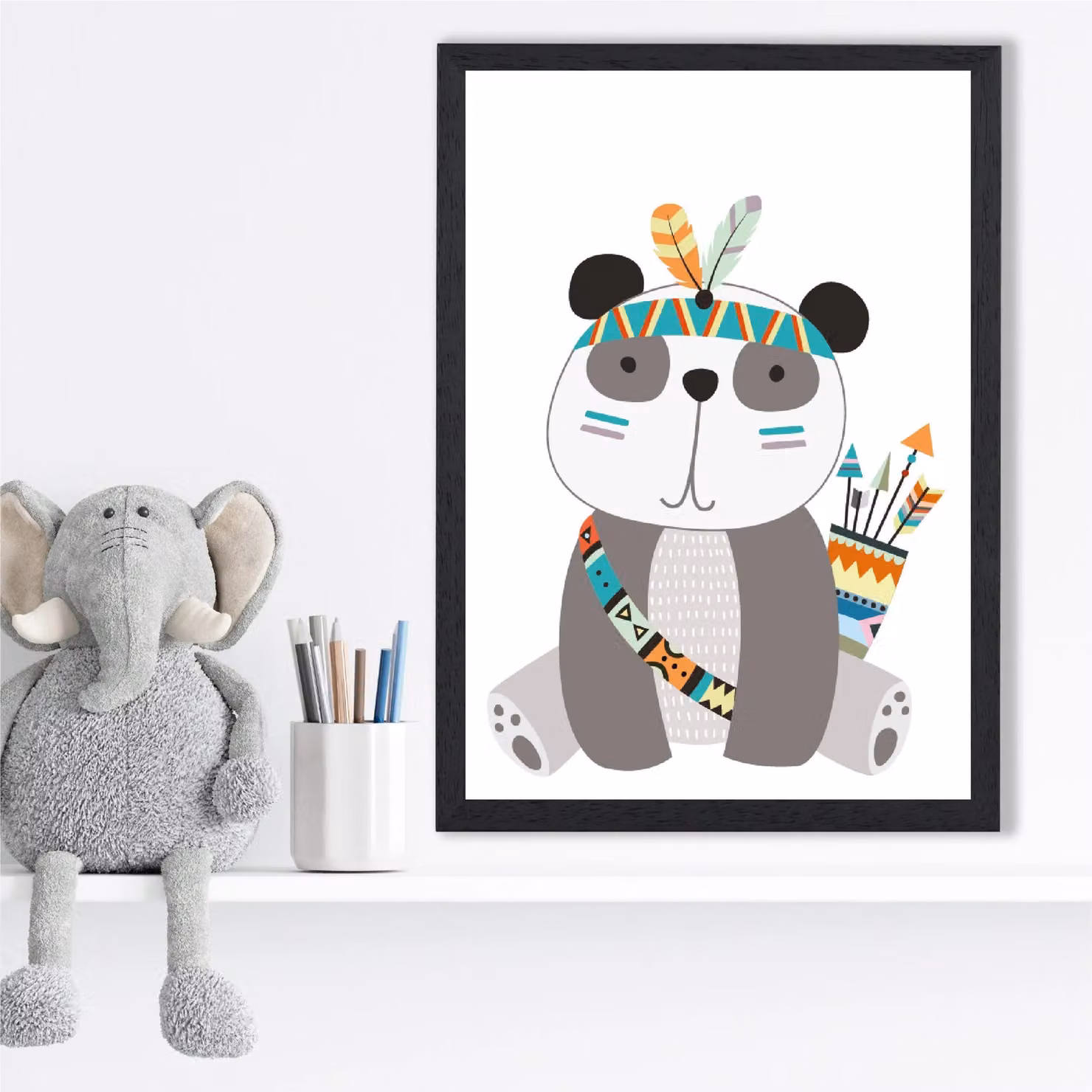 ARTZE Panda Tribal Animal Framed Print, Grey and Black Multicolour, A2 – 2