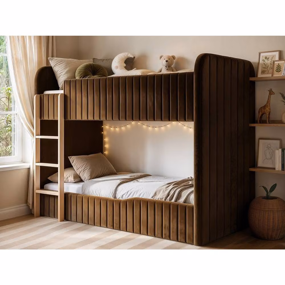 Flair Venna Single Upholstered Bunk Bed in Brown Velvet with Wooden Ladder, H 206 x W 100 x D 155 cm – 2