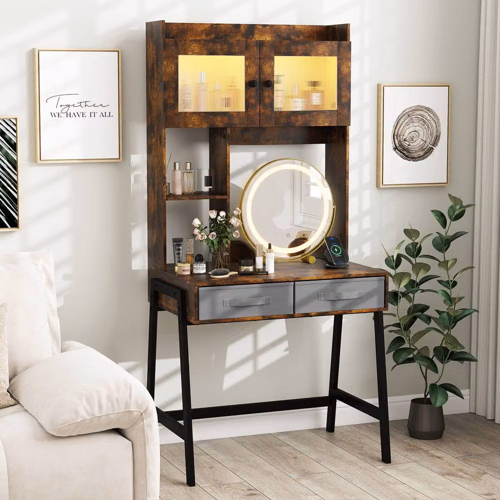 Costway Makeup Vanity Desk with Mirror, Lights and Charging Station in Brown – 3