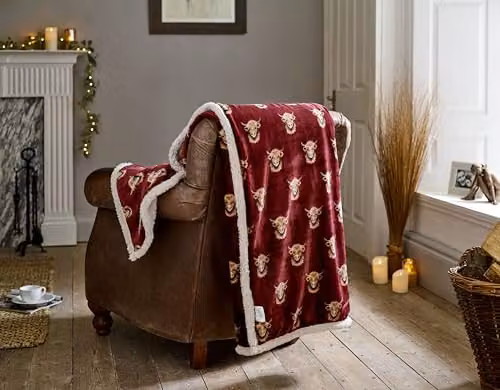 Deyongs Highland Cow Cuddly Sherpa Fleece Throw, Mulberry, W: 140 cm, D: 180 cm