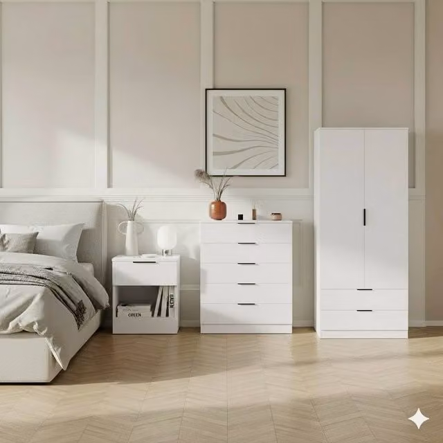 Vida Designs Trega 3-Piece White Bedroom Set Including Wardrobe, 5-Drawer Chest and Bedside Table