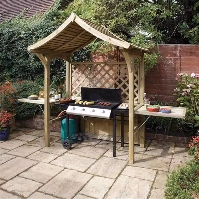 Cheshire Pressure Treated Wooden Arbour with Side Shelves and Open Lattice in Light Oak