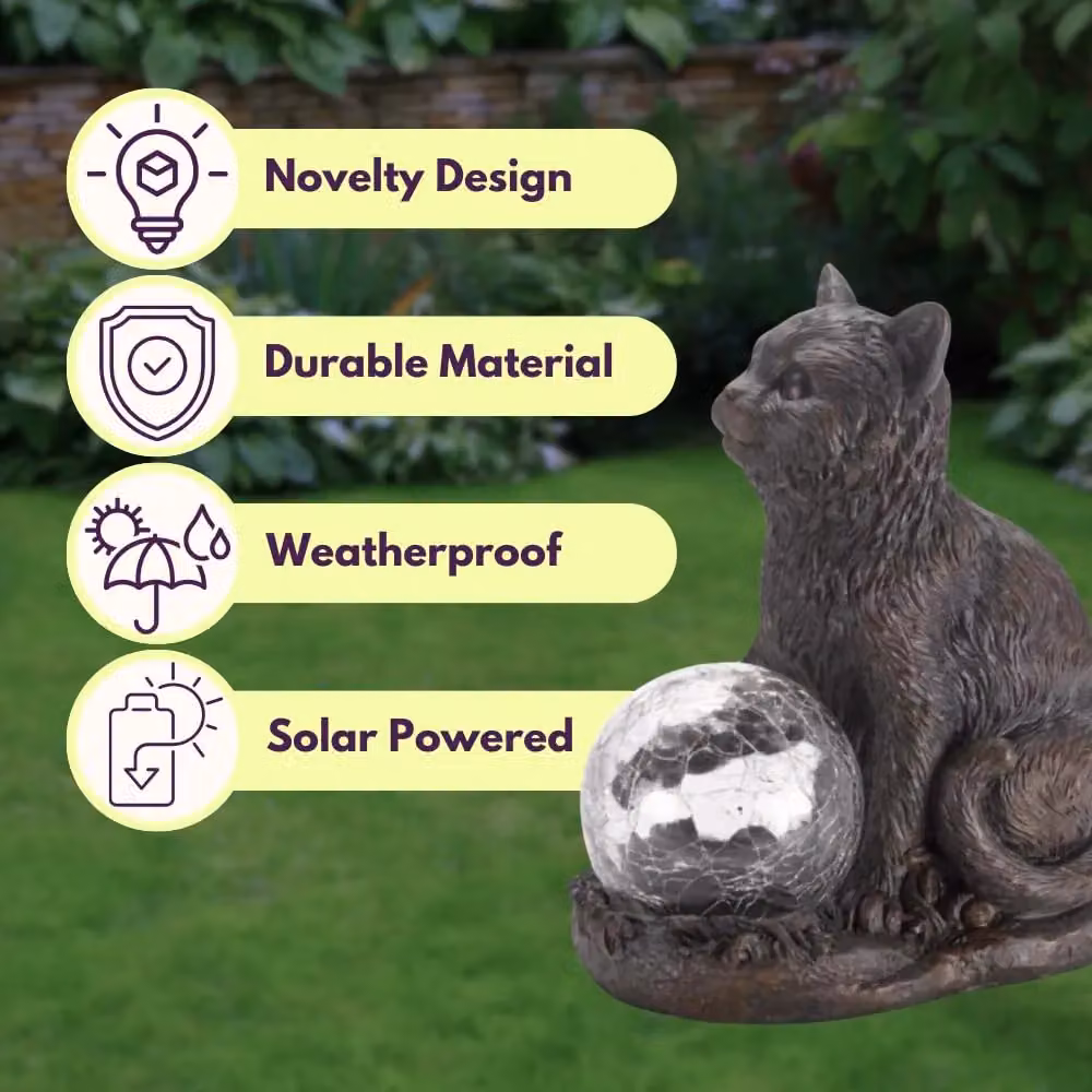 Marco Paul Grey Resin Cat Solar Powered Garden Ornament with Crystal Ball LED Light – 6