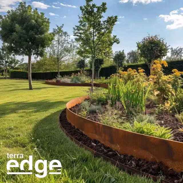 Woven Wood and Corten Steel Lawn Edging, Light Brown, 5 Piece Set, Length: 100 cm, Height: 7.5 cm – 1