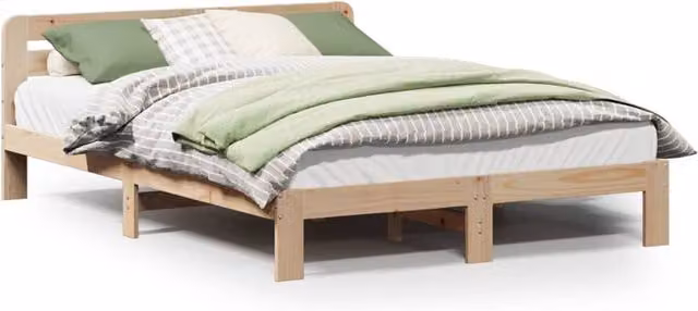 Berkfield Home Double Solid Wood Pine Bed Frame in Beige, W/D/H: 190 x 135 x 27 cm