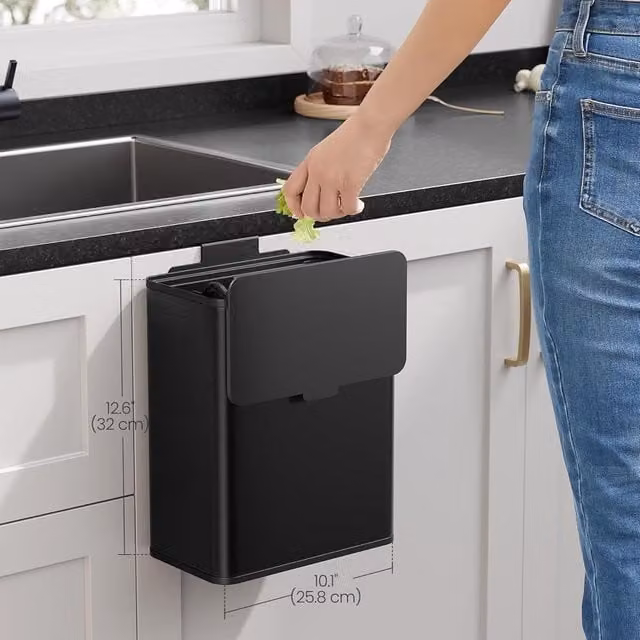 SONGMICS Small Hanging Kitchen Waste Bin with Flip Lid and Removable Inner Bucket, Black Steel – 1