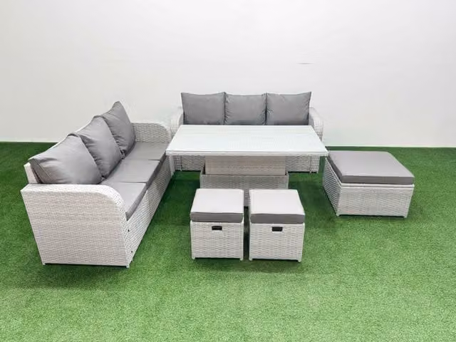 Fimous 9 Seater Grey Wicker Rattan Garden Furniture Set with High Back Lounge Sofas and Adjustable Lifting Dining or Coffee Table