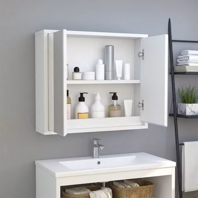 STILVORA White Glossy Wall Mounted Bathroom Mirror Cabinet with Glass Doors and Internal Shelves