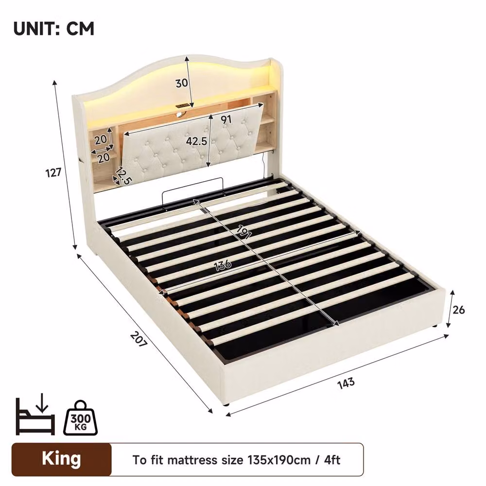 Rolipo Double Upholstered Ottoman Bed Frame with LED Lighting and USB Charging Port, Beige – 5