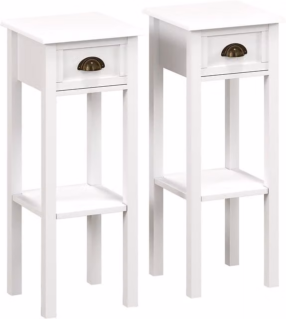 HOMCOM Set of 2 Modern 2-Tier Side Tables in White with Drawer and Shelf – 1
