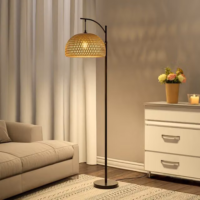 Livingandhome Boho Rattan and Bamboo Dome Floor Lamp in Brown