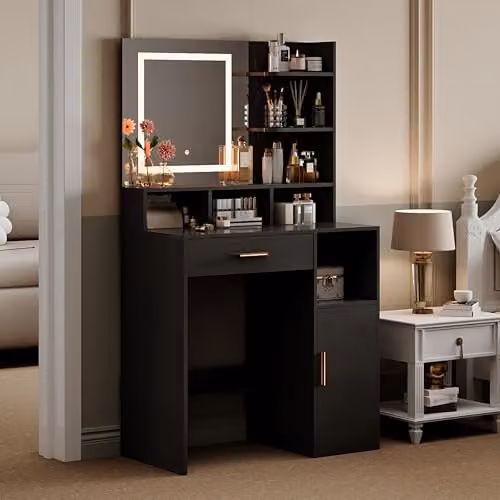 MCC Direct Truro Dressing Table with Hollywood LED Mirror and Storage, Black, W/D/H: 140 x 40 x 80 cm – 7