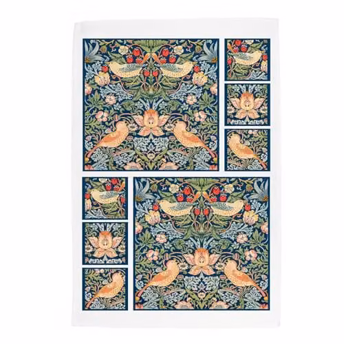 Purely Home Blue Strawberry Thief Tea Towel, Multicolour Floral Linen Kitchen Dish Cloth, W: 67 cm, H: 45 cm – 1