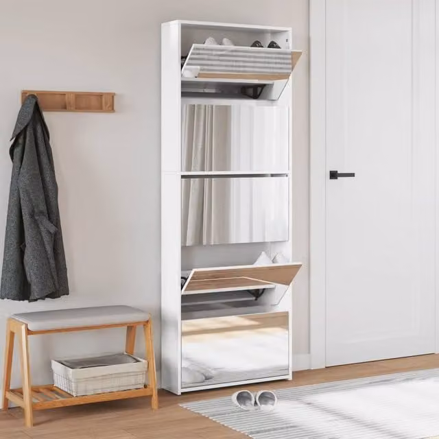 Berkfield Home Modern High Gloss White Shoe Cabinet with Mirror and Tilting Compartments, W: 63 cm, D: 17 cm, H: 169.5 cm – 1