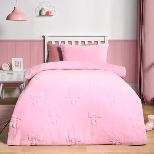OHS Teddy Fleece Double Duvet Set with Pillowcases, Pink, W/D/H: 200 x 200 cm, Pillowcases: 50 x 75 cm – 1