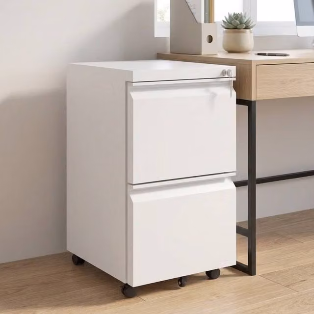 STILVORA Lockable Mobile Filing Cabinet with 2 Drawers in White Metal – 1