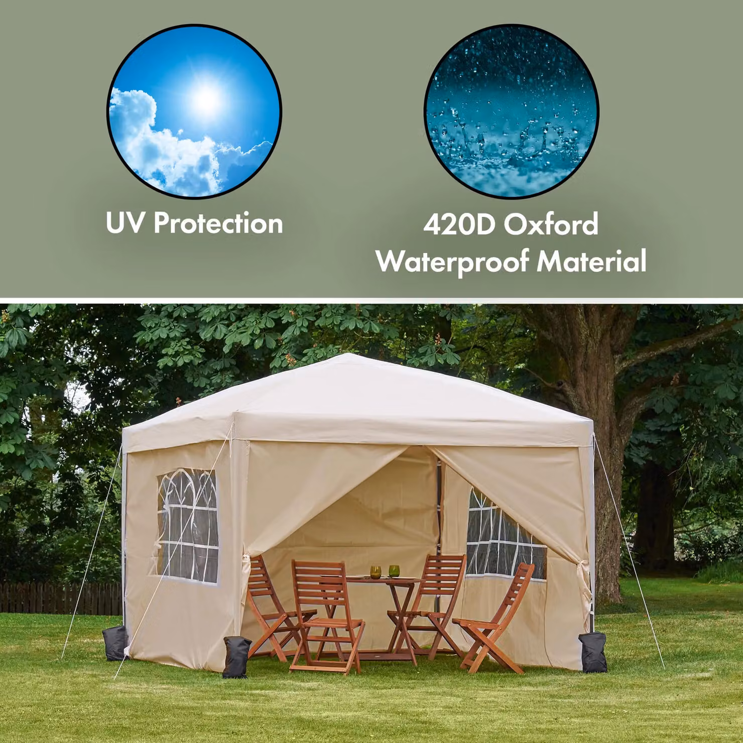 VonHaus Heavy Duty Pop Up Gazebo with Sides in Ivory/Beige/White, W x D: 300 x 300 cm – 2