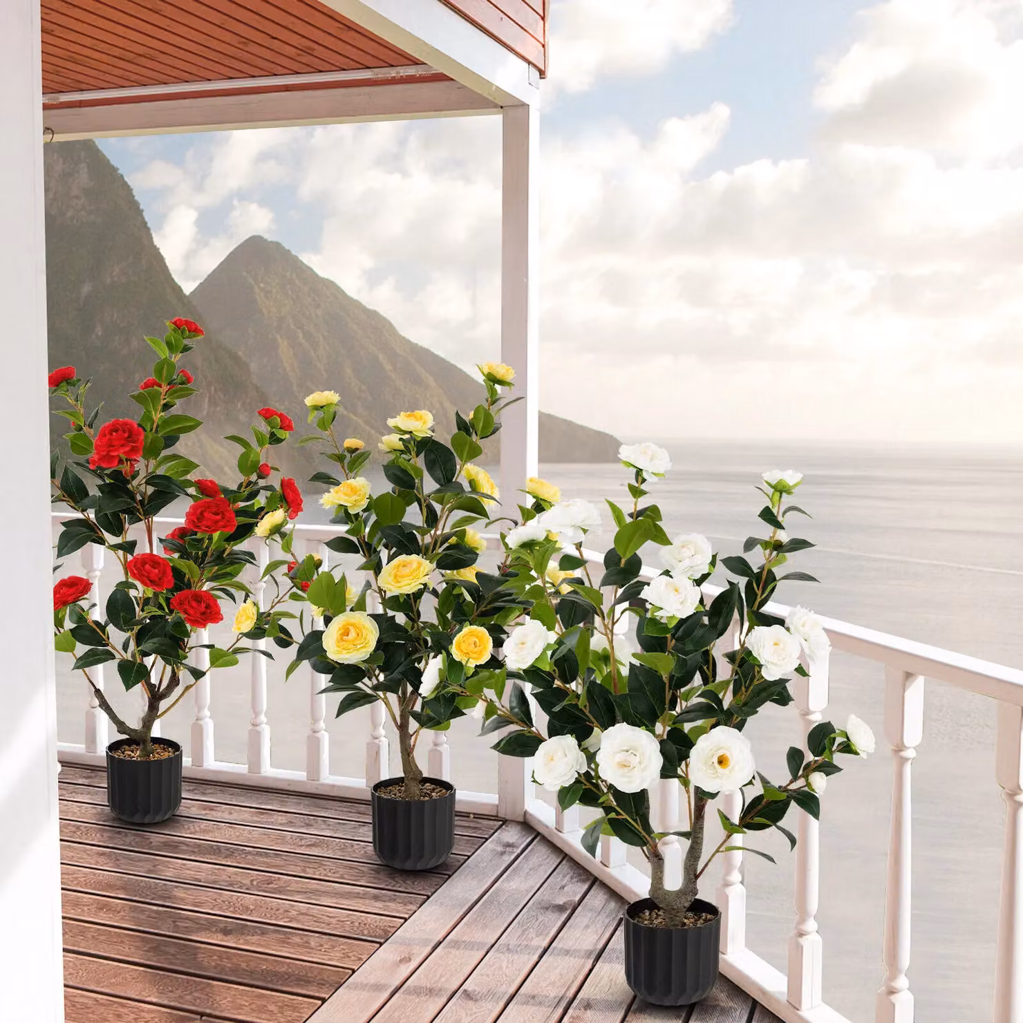 Costway 2 Pack Artificial Camellia Tree Faux Floral Plants in White – 4