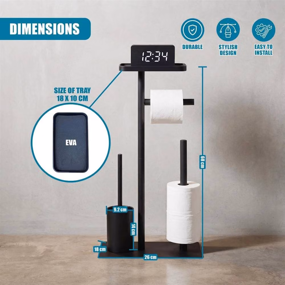 EONLION Free Standing Toilet Roll Holder with Shelf and Brush in Matt Black – 2