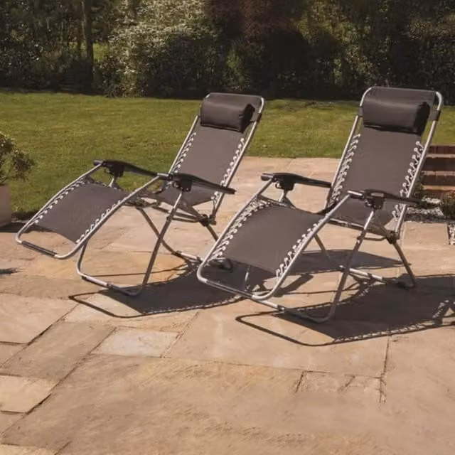 Marco Paul Pack of 2 Reclining Garden Sun Loungers with Padded Headrests in Black and Silver