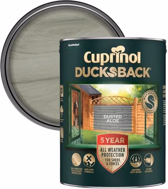 Cuprinol Ducksback Timbercare Wood Paint in Dusted Aloe Green and Grey